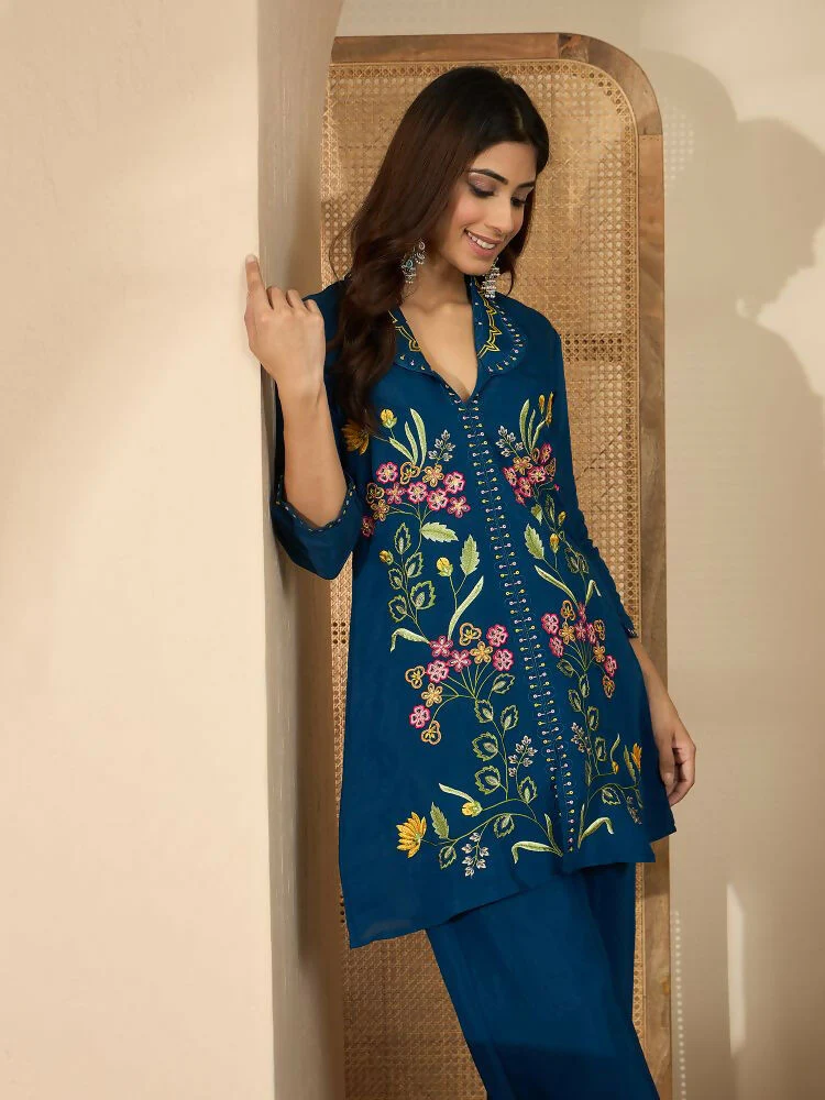 Joban Fashion Women Blue Roman Silk Embroidered Stitched Kurta Set - Image 4