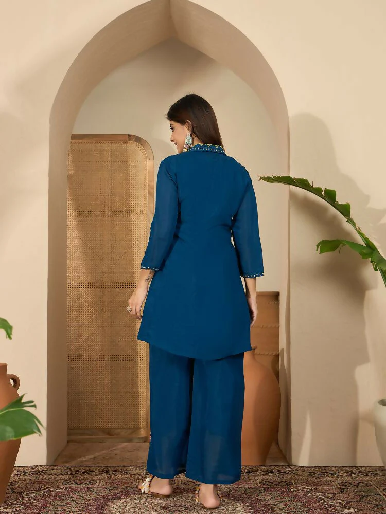 Joban Fashion Women Blue Roman Silk Embroidered Stitched Kurta Set - Image 7