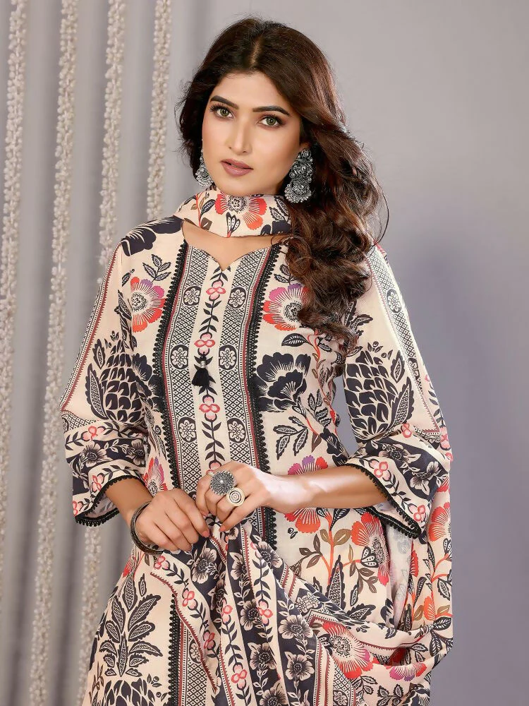 Joban Fashion Women Cream Linen Printed Stitched Kurta Set - Image 3
