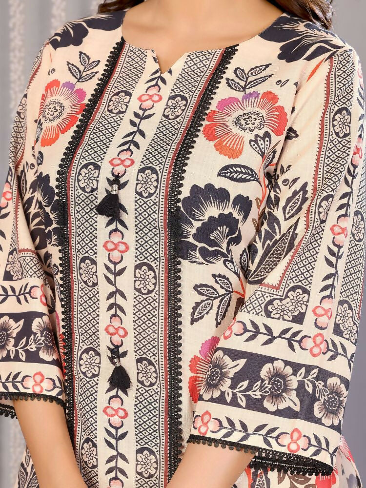 Joban Fashion Women Cream Linen Printed Stitched Kurta Set - Image 5