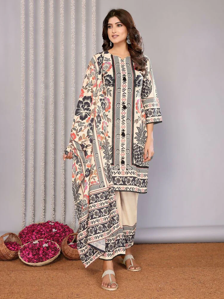 Joban Fashion Women Cream Linen Printed Stitched Kurta Set - Image 7