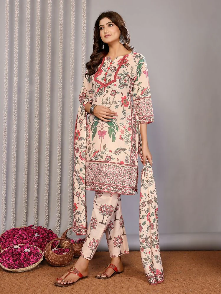 Joban Fashion Women Cream Linen Printed Stitched Kurta Set