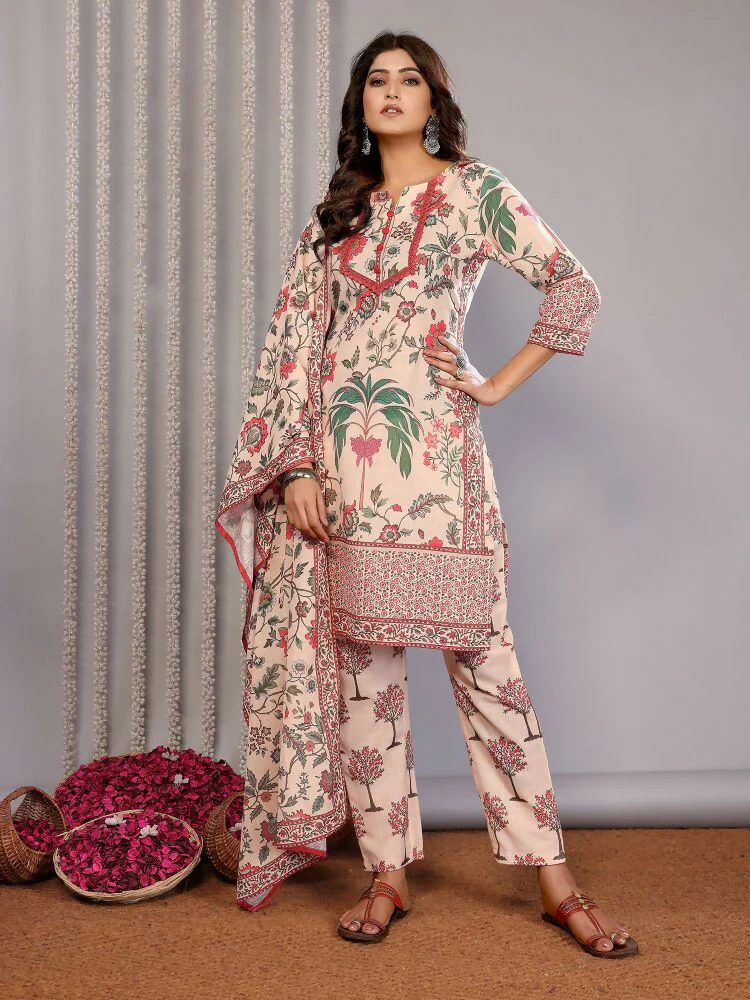Joban Fashion Women Cream Linen Printed Stitched Kurta Set - Image 2
