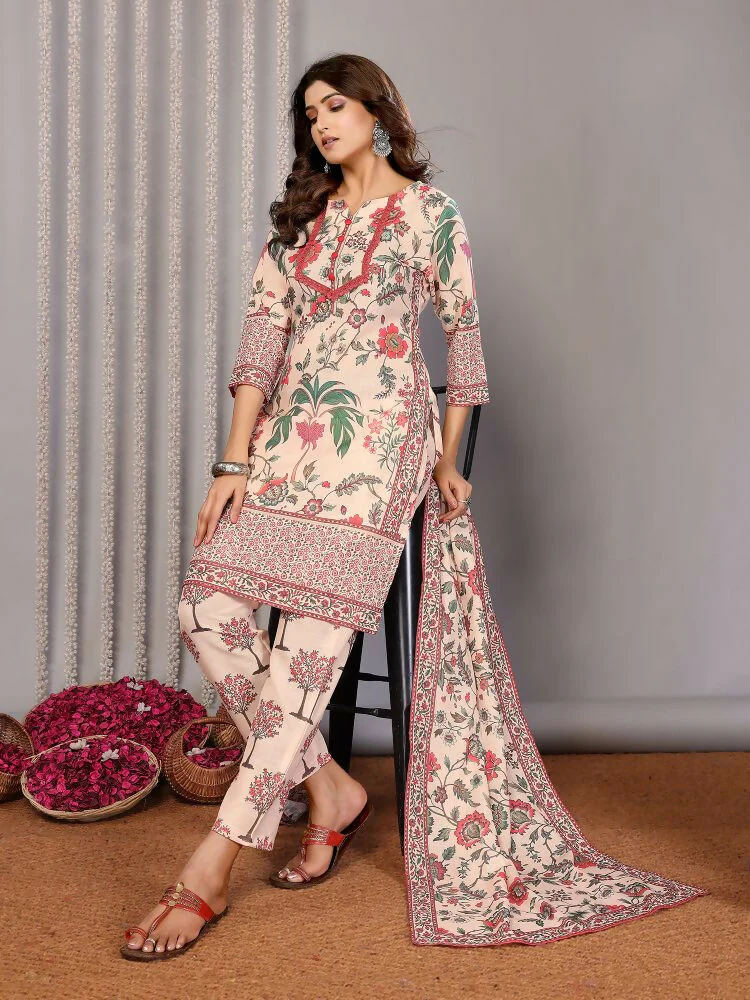 Joban Fashion Women Cream Linen Printed Stitched Kurta Set - Image 3