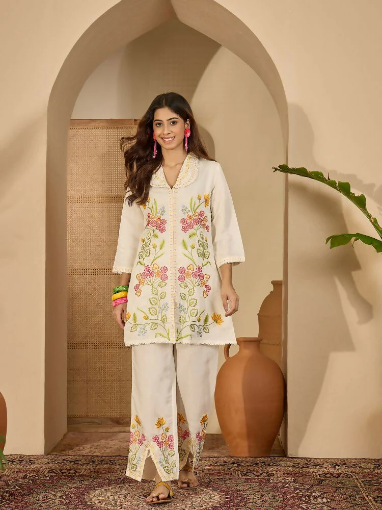 Joban Fashion Women Cream Roman Silk Embroidered Stitched Kurta Set