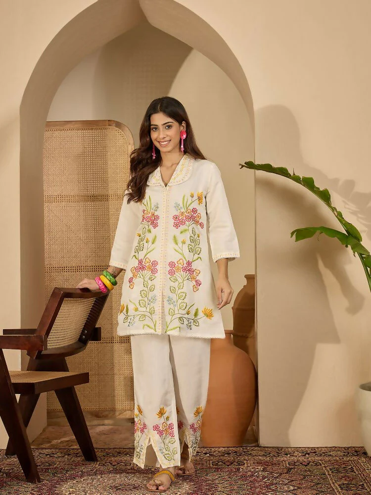Joban Fashion Women Cream Roman Silk Embroidered Stitched Kurta Set - Image 2