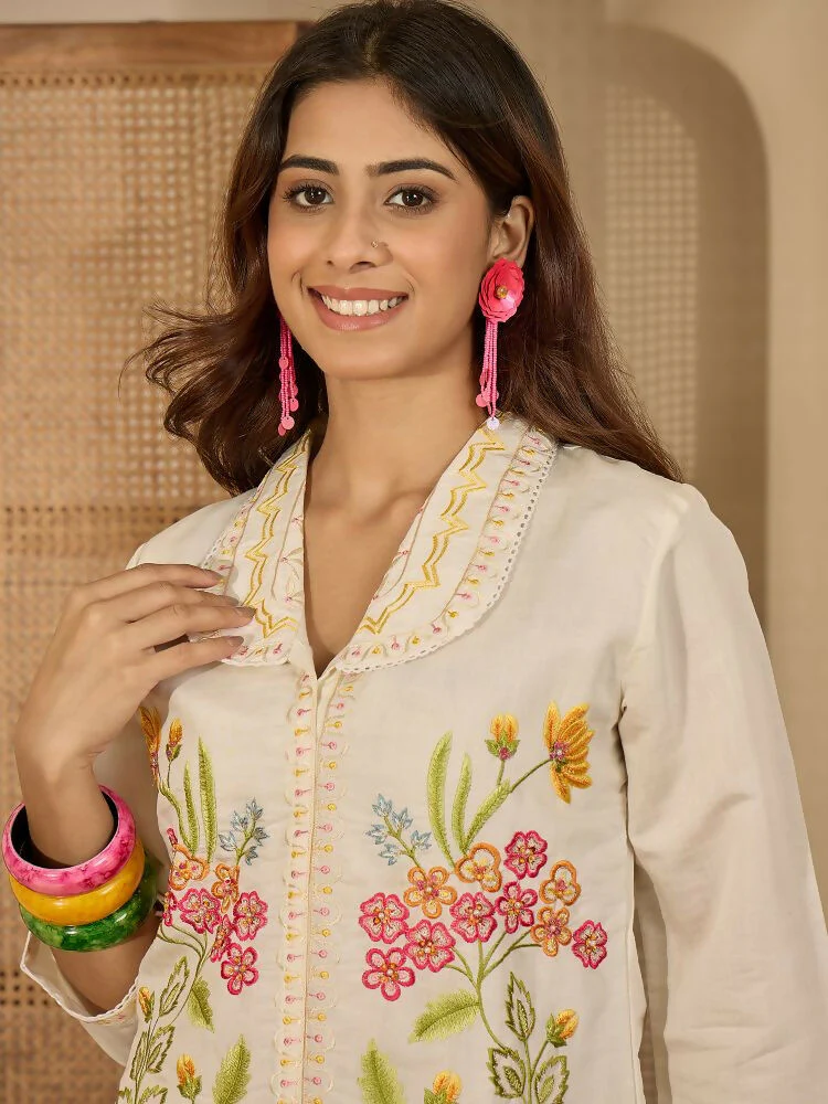 Joban Fashion Women Cream Roman Silk Embroidered Stitched Kurta Set - Image 3