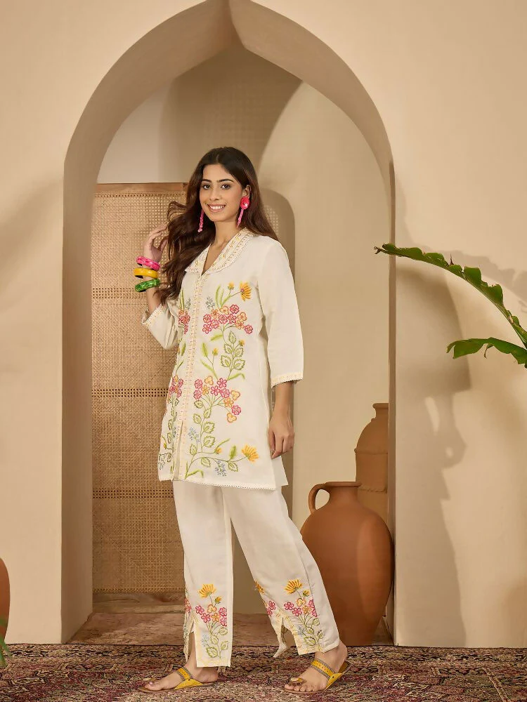 Joban Fashion Women Cream Roman Silk Embroidered Stitched Kurta Set - Image 5