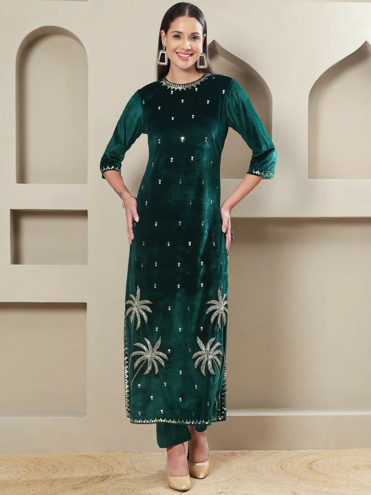 Joban Fashion Women Green Velvet Hand Embellishment Stitched Kurta Set - Image 2