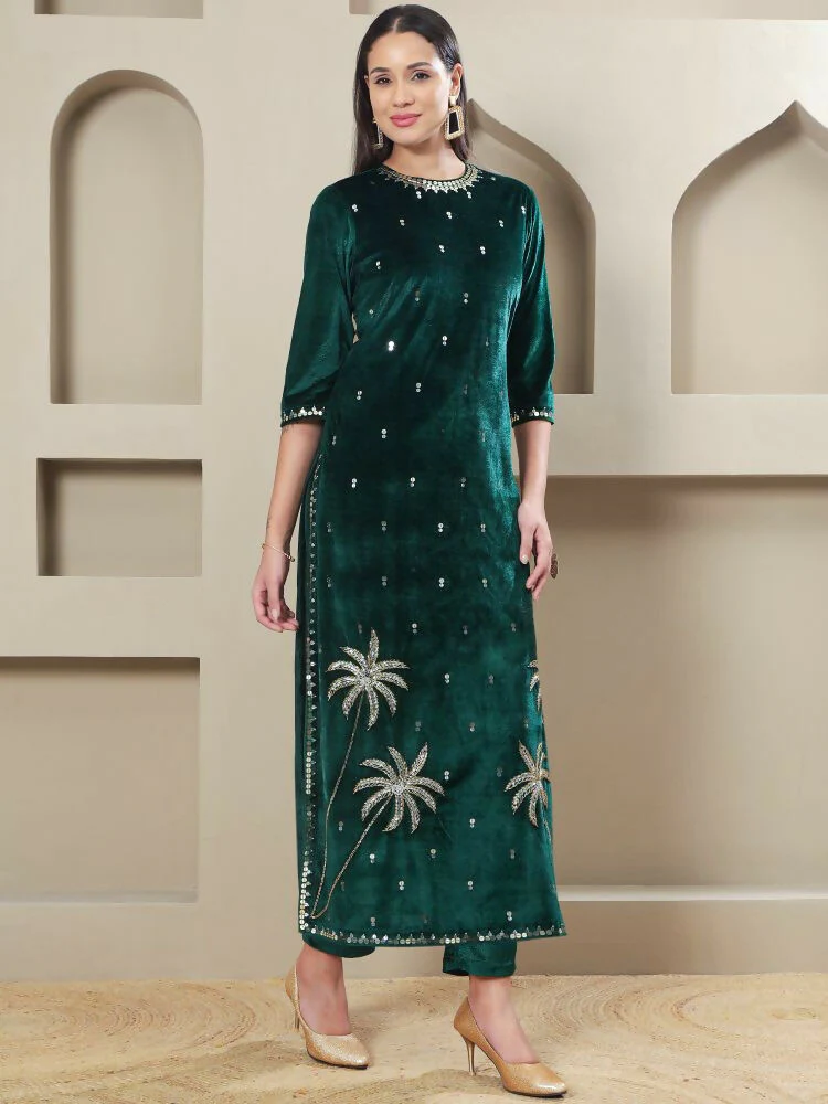 Joban Fashion Women Green Velvet Hand Embellishment Stitched Kurta Set - Image 5