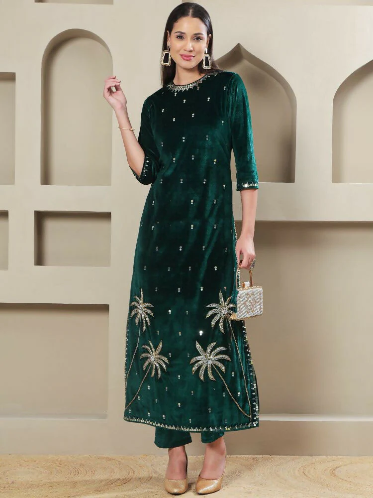 Joban Fashion Women Green Velvet Hand Embellishment Stitched Kurta Set - Image 6
