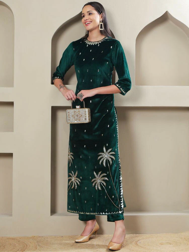 Joban Fashion Women Green Velvet Hand Embellishment Stitched Kurta Set - Image 7