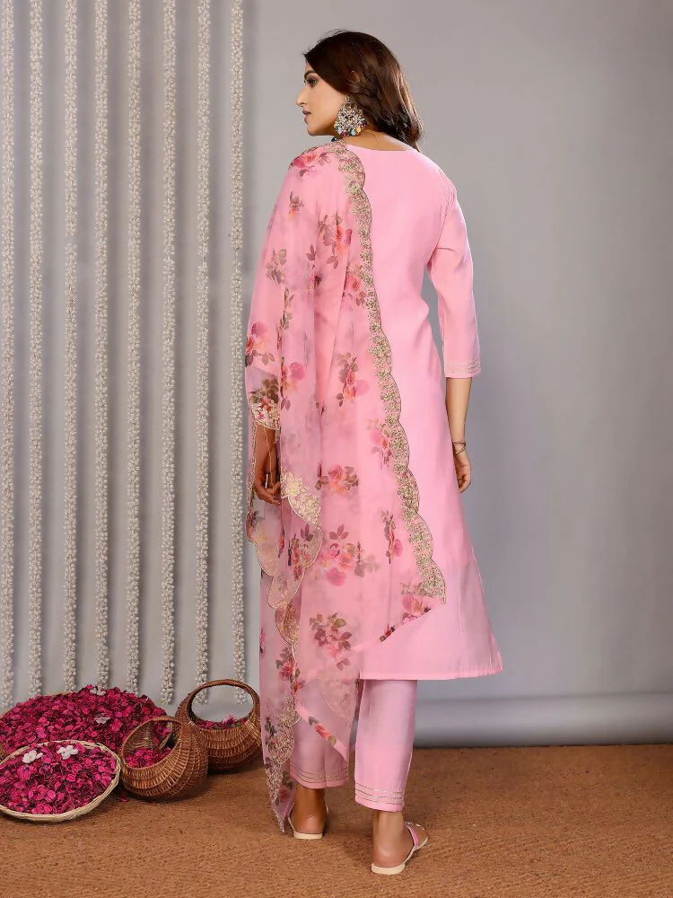 Joban Fashion Women Light Pink Roman Embroidery Stitched Kurta Set - Image 5