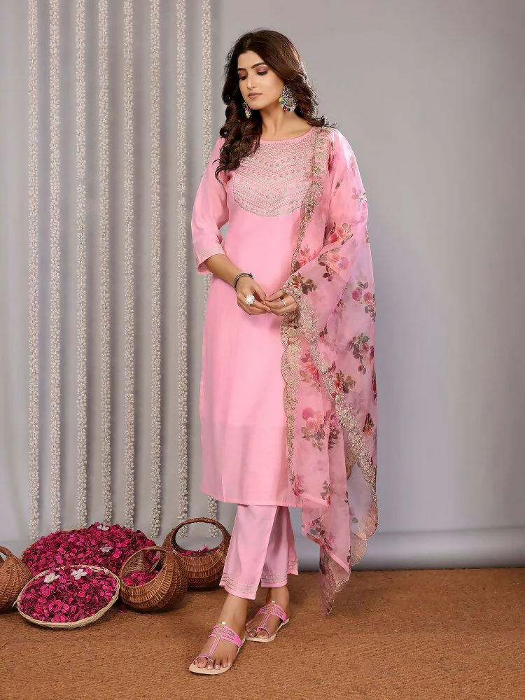 Joban Fashion Women Light Pink Roman Embroidery Stitched Kurta Set - Image 7