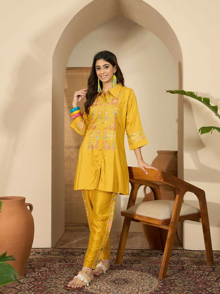 Joban Fashion Women Mustard Roman Silk Embroidered Stitched Kurta Set - Image 3