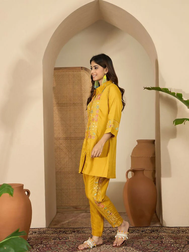 Joban Fashion Women Mustard Roman Silk Embroidered Stitched Kurta Set - Image 6