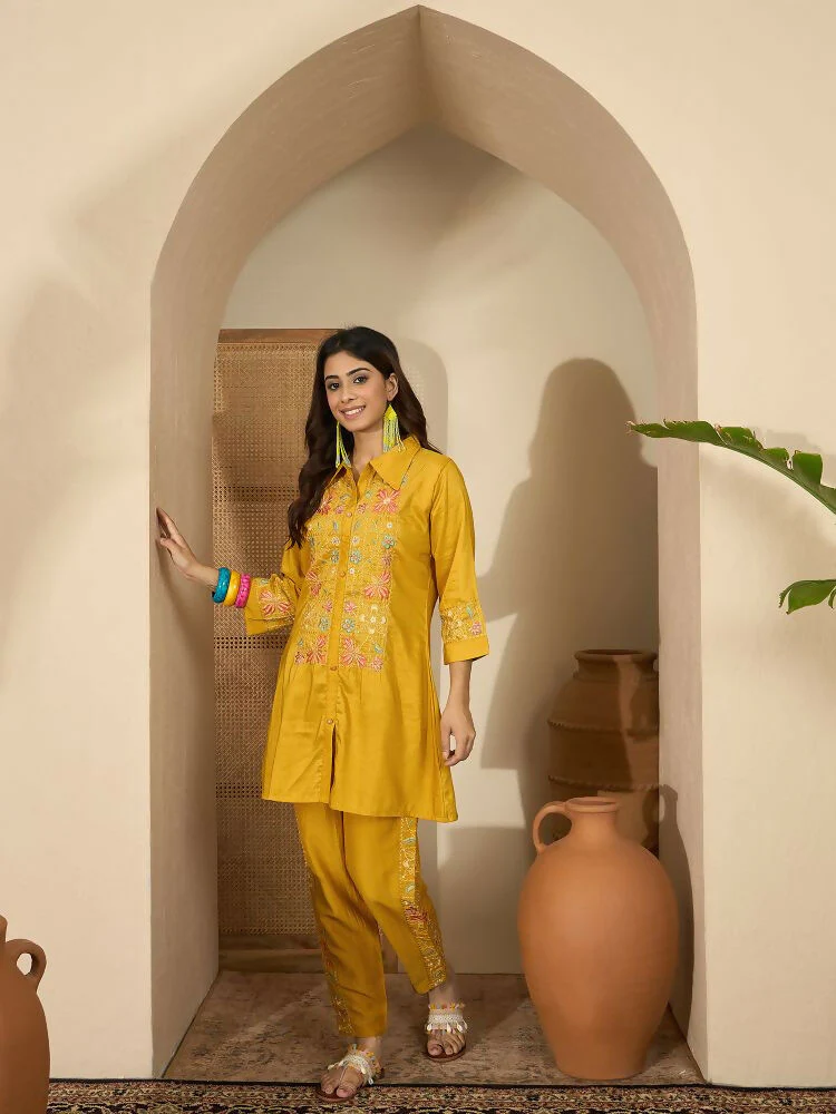Joban Fashion Women Mustard Roman Silk Embroidered Stitched Kurta Set - Image 7