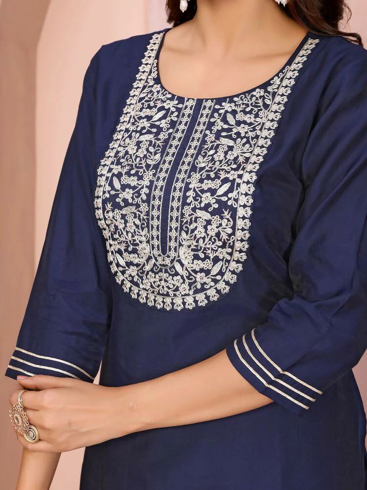 Joban Fashion Women Navy Blue Roman Embroidery Stitched Kurta Set - Image 5