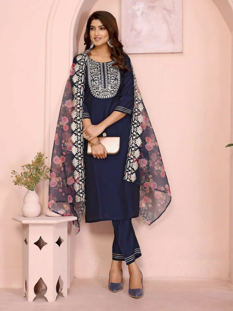 Joban Fashion Women Navy Blue Roman Embroidery Stitched Kurta Set - Image 7