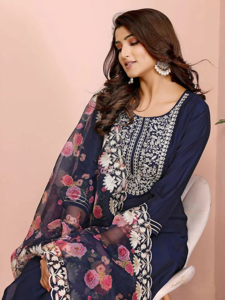 Joban Fashion Women Navy Blue Roman Embroidery Stitched Kurta Set - Image 8