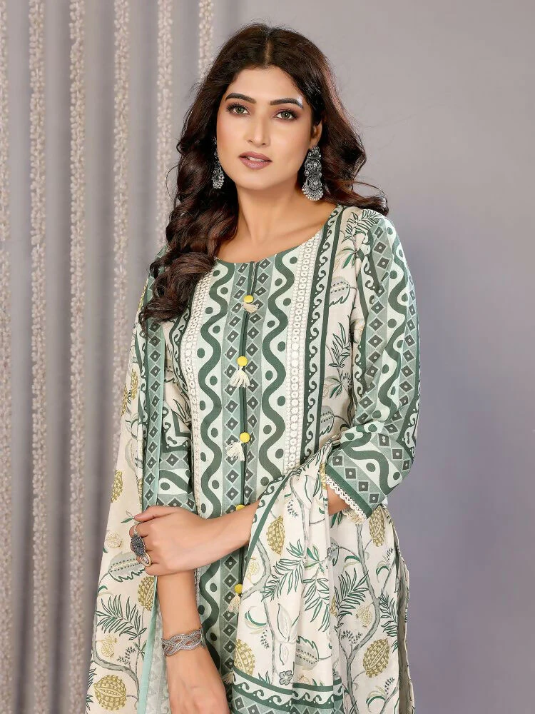 Joban Fashion Women Off White & Forest Green Linen Printed Stitched Kurta Set - Image 3