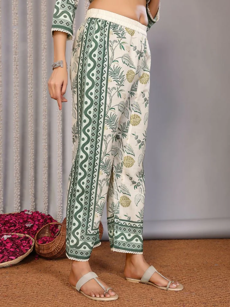 Joban Fashion Women Off White & Forest Green Linen Printed Stitched Kurta Set - Image 4