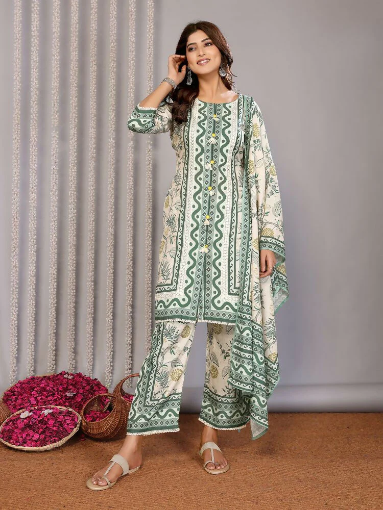 Joban Fashion Women Off White & Forest Green Linen Printed Stitched Kurta Set - Image 5