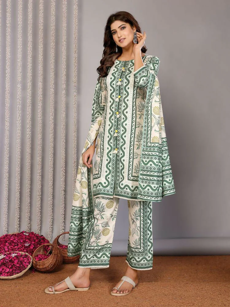Joban Fashion Women Off White & Forest Green Linen Printed Stitched Kurta Set - Image 6