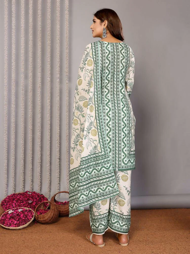 Joban Fashion Women Off White & Forest Green Linen Printed Stitched Kurta Set - Image 8