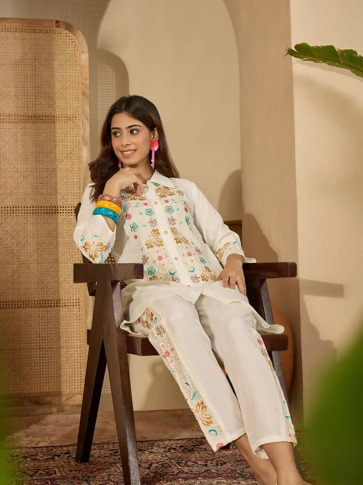 Joban Fashion Women Off-White Roman Silk Embroidered Stitched Kurta Set - Image 3