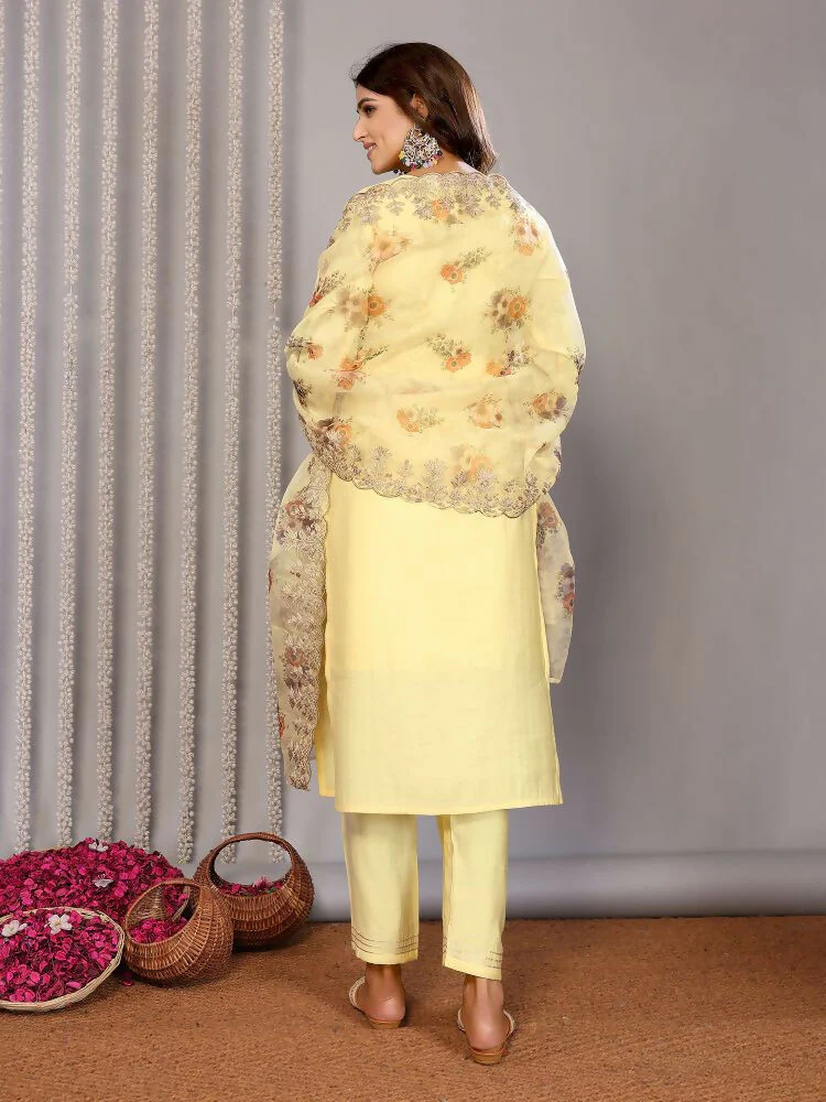 Joban Fashion Women Pale Yellow Roman Embroidery Stitched Kurta Set - Image 5