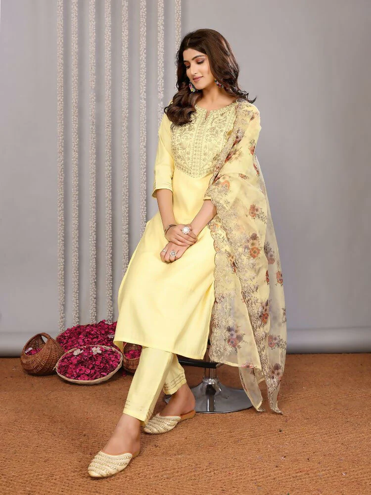 Joban Fashion Women Pale Yellow Roman Embroidery Stitched Kurta Set - Image 7