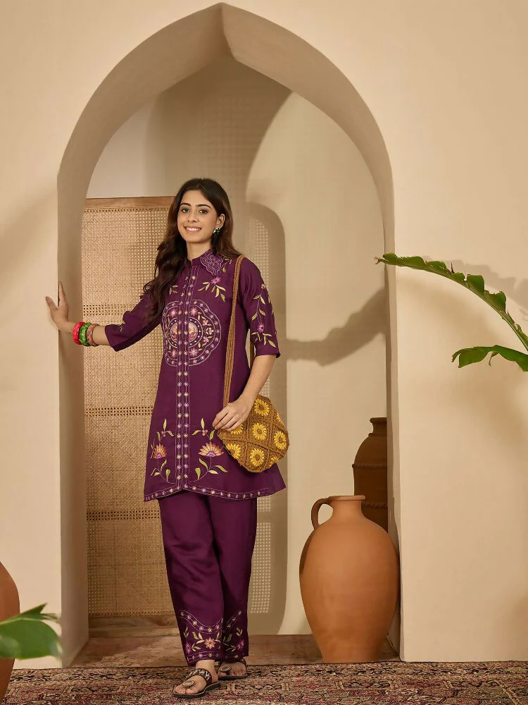 Joban Fashion Women Purple Roman Silk Embroidered Stitched Kurta Set - Image 3