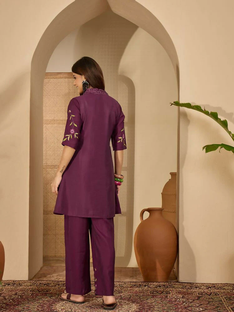 Joban Fashion Women Purple Roman Silk Embroidered Stitched Kurta Set - Image 5