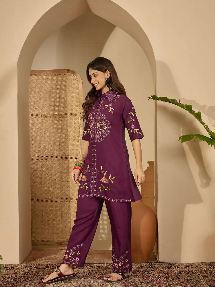 Joban Fashion Women Purple Roman Silk Embroidered Stitched Kurta Set - Image 6