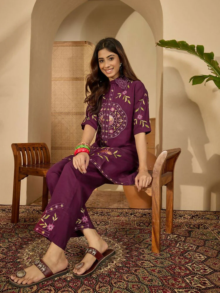 Joban Fashion Women Purple Roman Silk Embroidered Stitched Kurta Set - Image 7