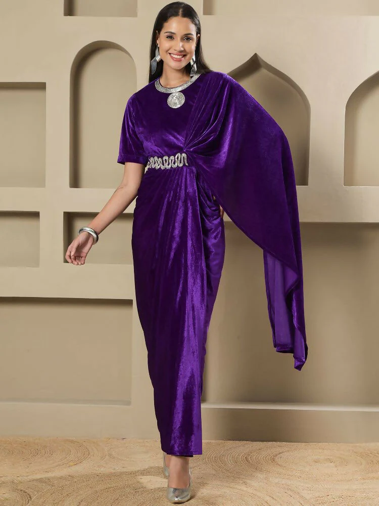 Joban Fashion Women Purple Velvet Hand Embellishment Stitched Dress - Image 3