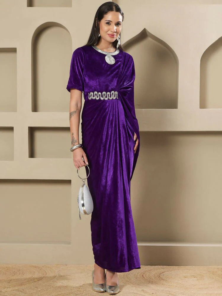 Joban Fashion Women Purple Velvet Hand Embellishment Stitched Dress - Image 5
