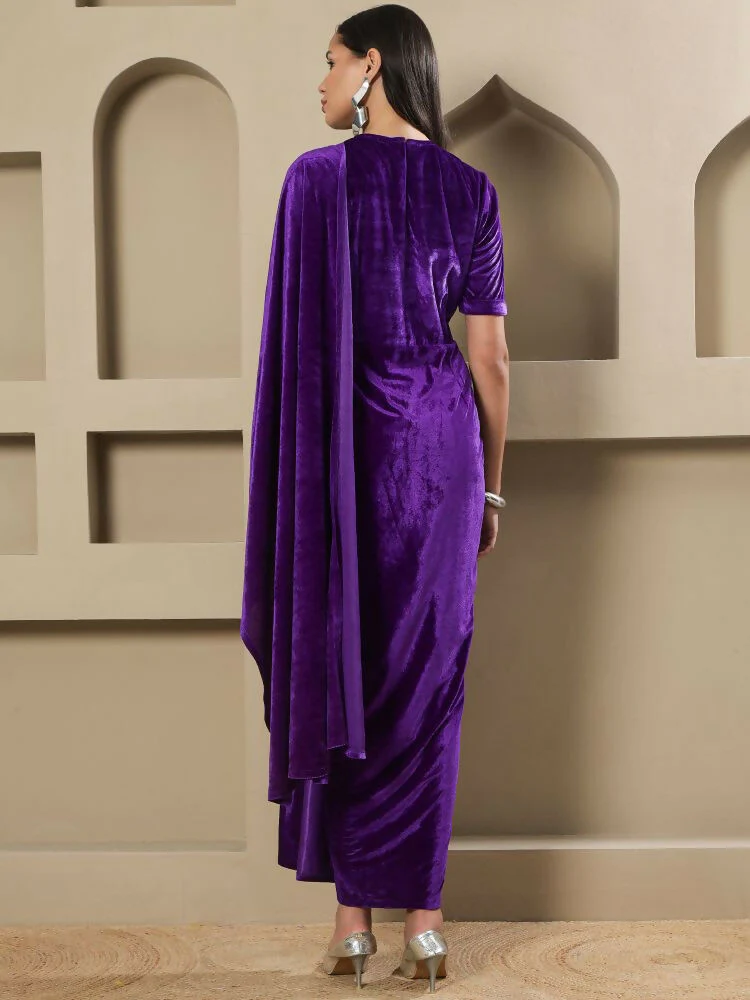 Joban Fashion Women Purple Velvet Hand Embellishment Stitched Dress - Image 7