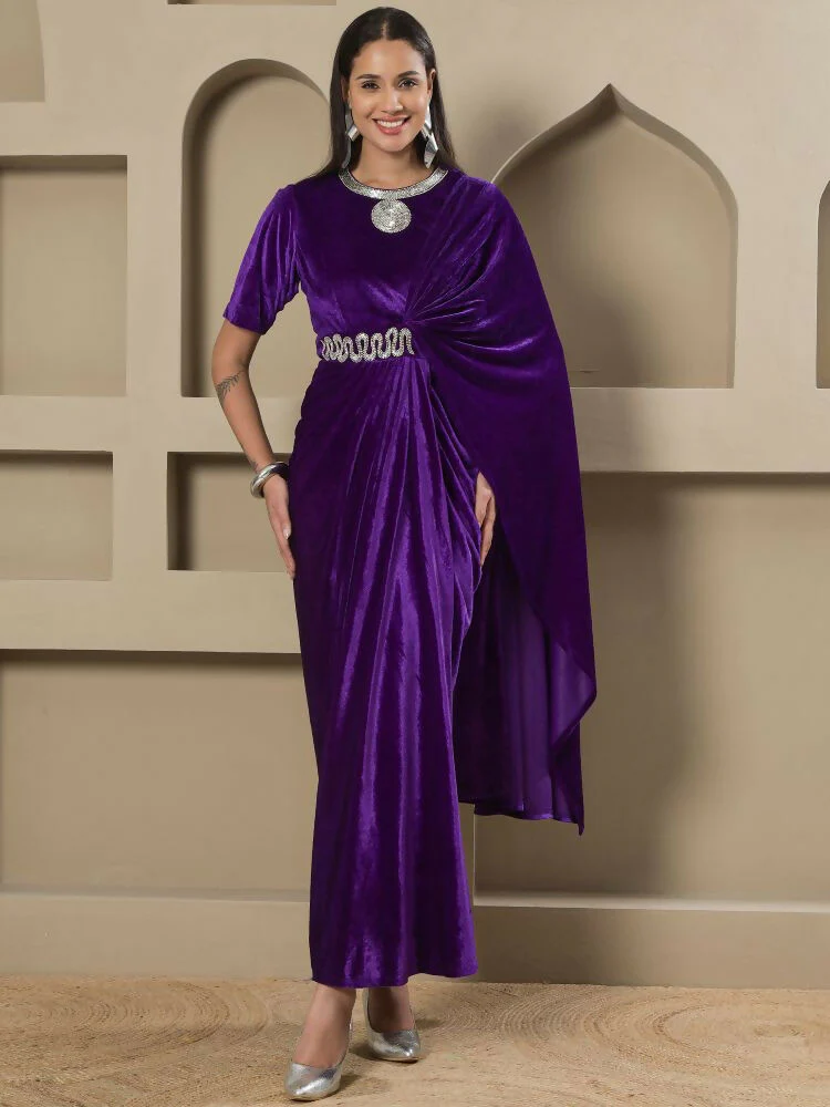 Joban Fashion Women Purple Velvet Hand Embellishment Stitched Dress - Image 8