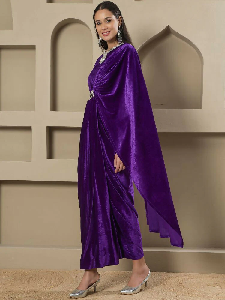 Joban Fashion Women Purple Velvet Hand Embellishment Stitched Dress - Image 9