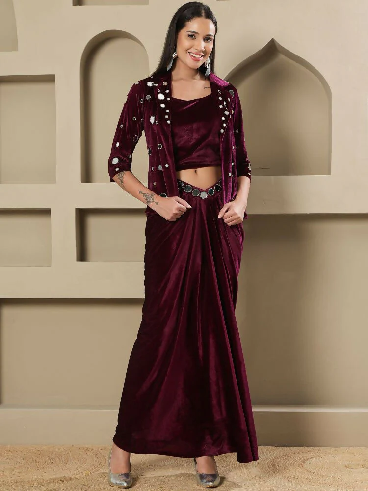Joban Fashion Women Wine Velvet Hand Embellishment Stitched Dress - Image 10