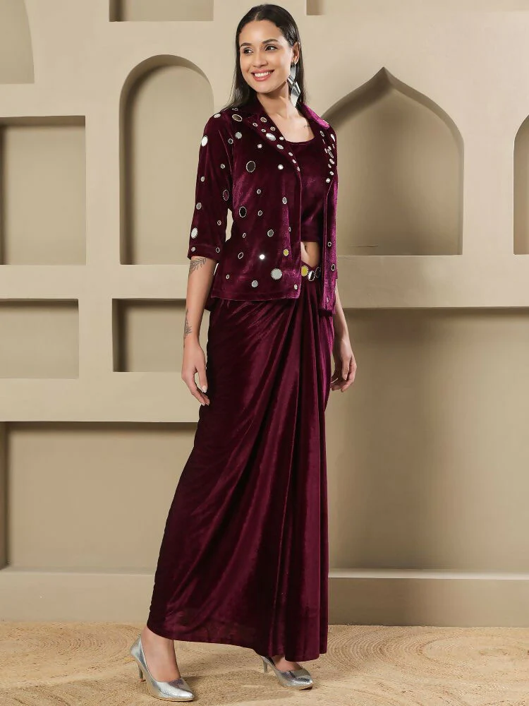 Joban Fashion Women Wine Velvet Hand Embellishment Stitched Dress - Image 3