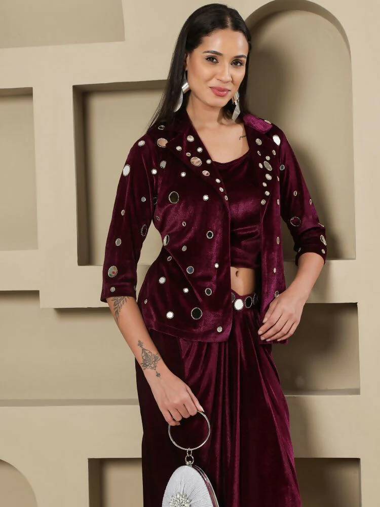 Joban Fashion Women Wine Velvet Hand Embellishment Stitched Dress - Image 4