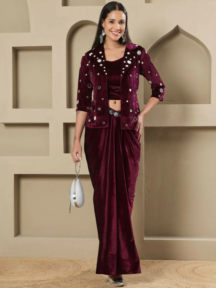 Joban Fashion Women Wine Velvet Hand Embellishment Stitched Dress - Image 5