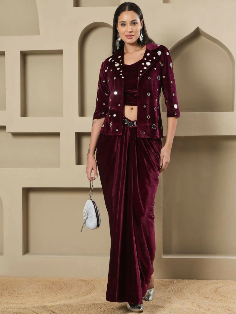 Joban Fashion Women Wine Velvet Hand Embellishment Stitched Dress - Image 6