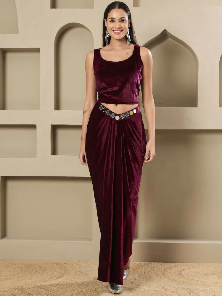 Joban Fashion Women Wine Velvet Hand Embellishment Stitched Dress - Image 7
