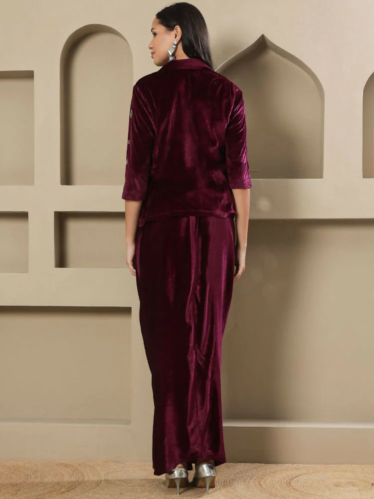 Joban Fashion Women Wine Velvet Hand Embellishment Stitched Dress - Image 8