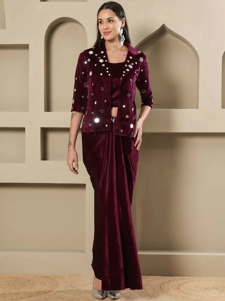 Joban Fashion Women Wine Velvet Hand Embellishment Stitched Dress - Image 9