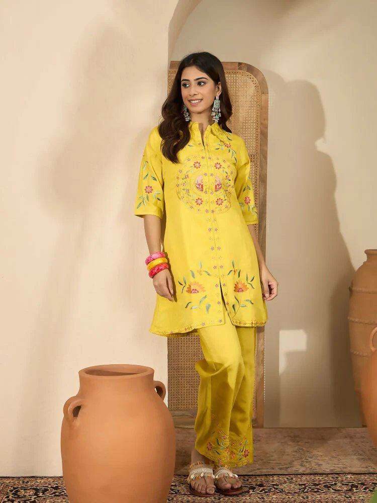Joban Fashion Women Yellow Roman Silk Embroidered Stitched Kurta Set - Image 3